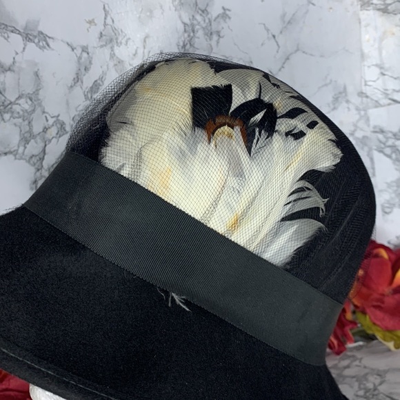 Vintage Midcentury Glenover Henry Pollack Black Wool Feather Cloche Bucket … - Picture 5 of 9